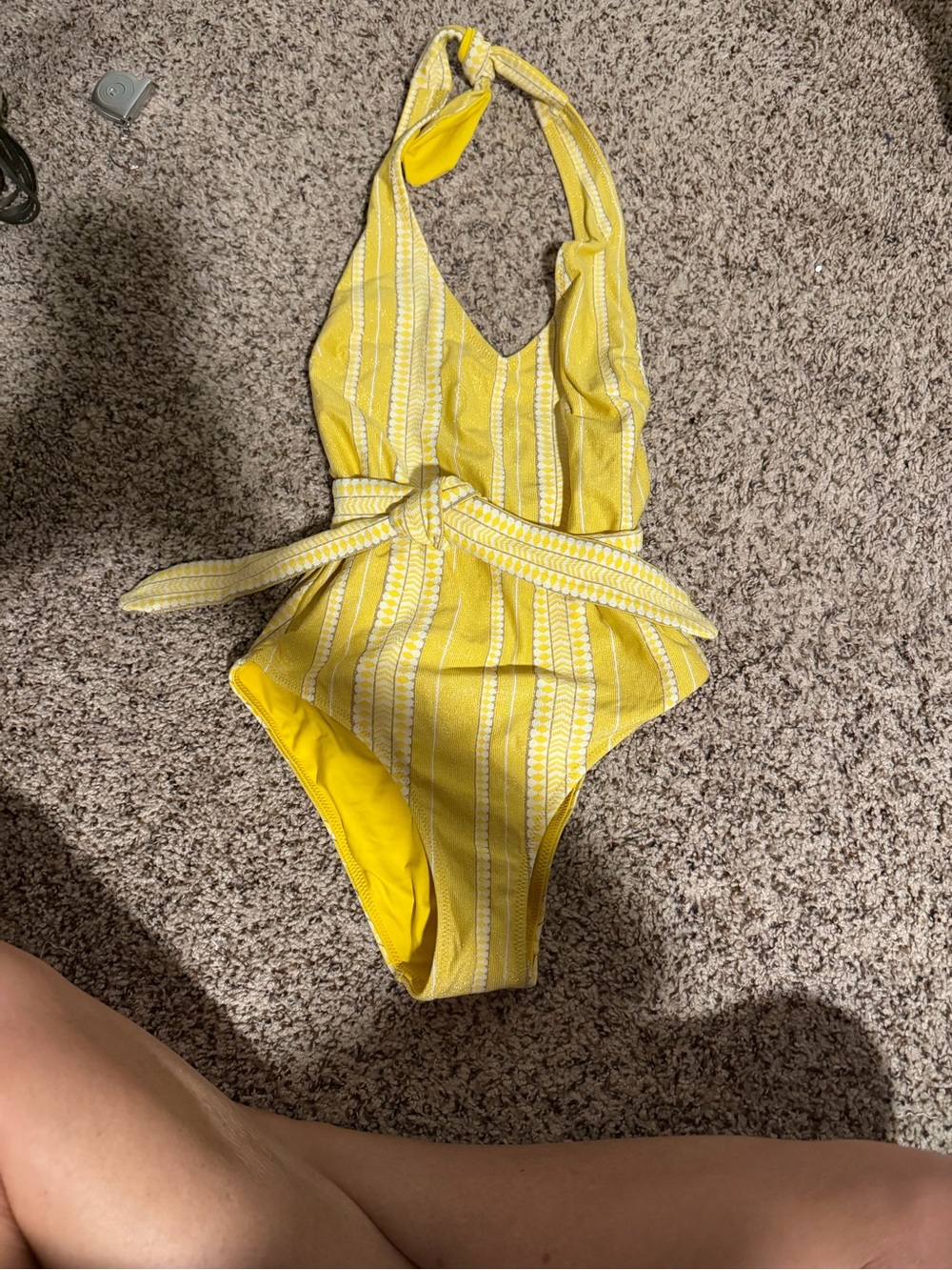 Lemlem Yellow Striped Halter One-Piece Swimsuit with Waist Tie